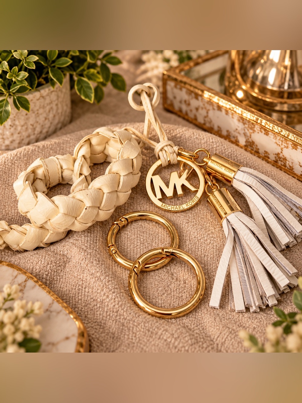 Michael Kors White Leather Tassel & Gold MK Logo Charm Handbag Replacement Lot